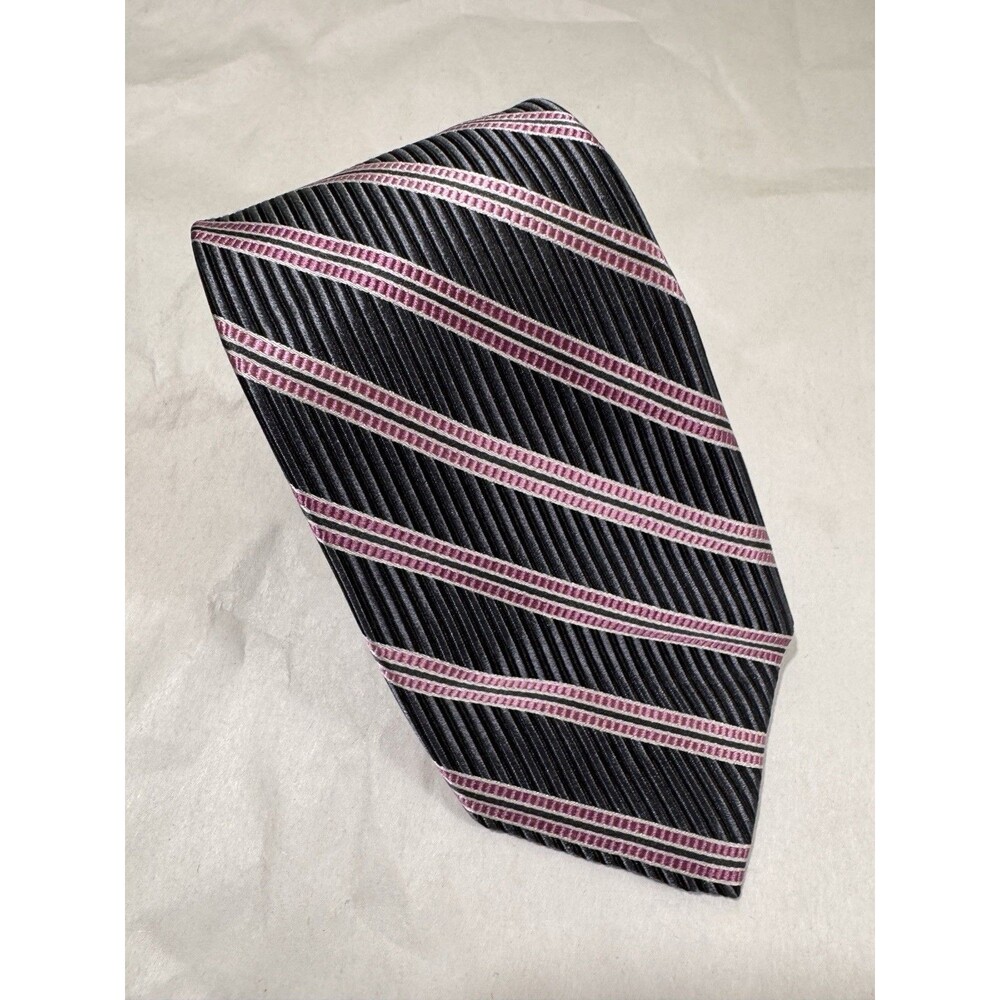 Robert Talbott Monterey 100% Silk Tie Black/Salmon Striped USA 58"x3.25"